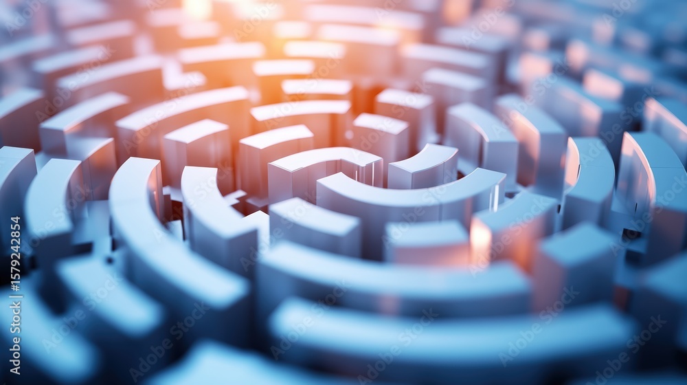 Poster intricate circular maze with glowing lines and vibrant blue and orange lighting creating a complex p