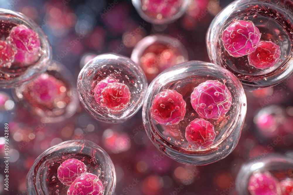 Poster microscopic view of translucent spheres containing smaller, clustered, pink, textured cells, floatin