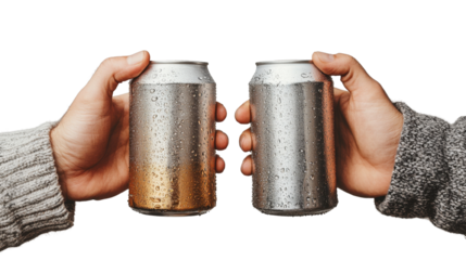 Hands with two golden aluminum beer cans holding isolated on a white transparent background