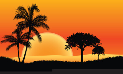 Tropical Sunset Silhouette with Palm Trees and Golden Horizon