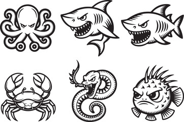 Fototapeta premium Aggressive black and white sea creatures and a snake, perfect for bold designs. 