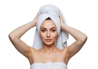 Relaxed woman with towel on head and shoulders, self-care scene isolated on white background, PNG format