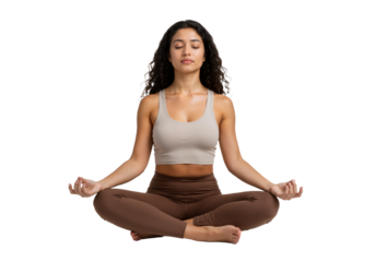 Woman meditating in lotus position, eyes closed, peaceful expression, casual yoga outfit, white background, PNG format
