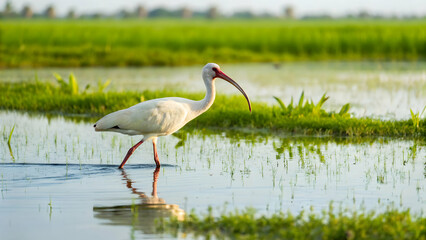 Obraz premium Ibis walking across flooded rice field