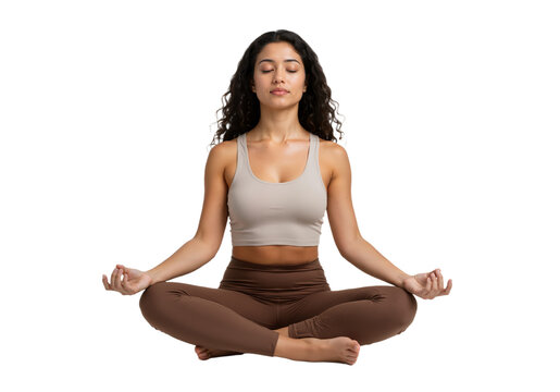 Woman meditating in lotus position, eyes closed, peaceful expression, casual yoga outfit, white background, PNG format