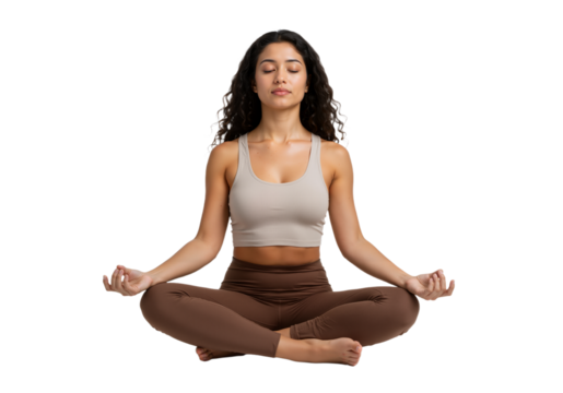 Woman meditating in lotus position, eyes closed, peaceful expression, casual yoga outfit, white background, PNG format