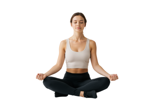 Woman meditating in lotus position, eyes closed, peaceful expression, casual yoga outfit, white background, PNG format