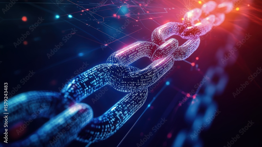 Poster digital blockchain chain link illustration with glowing interconnected nodes and vibrant futuristic 