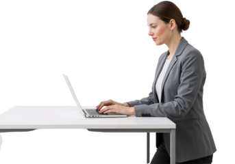 Standing woman using laptop on plane table, suit formal, isolated on transparent background, PNG format