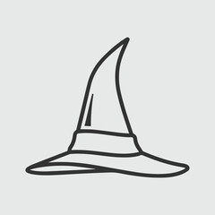 Simple black outline of a classic pointed witch hat with a wide brim
