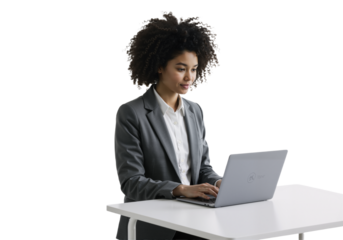 Standing woman using laptop on plane table, suit formal, isolated on transparent background, PNG format