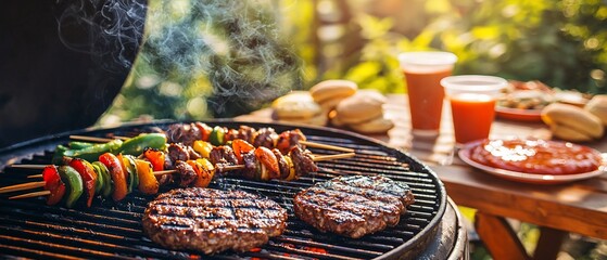 Delicious Grilled Burgers and Skewers with Drinks at a Summer Barbecue