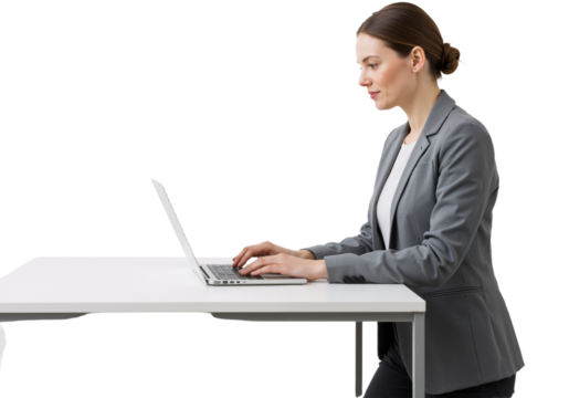 Standing woman using laptop on plane table, suit formal, isolated on transparent background, PNG format