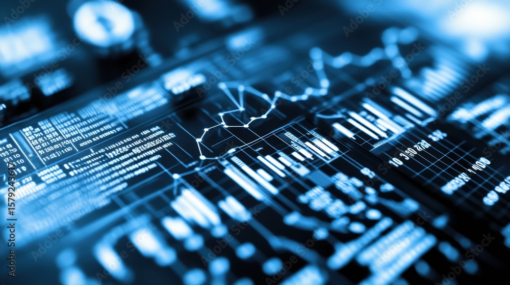 Poster detailed digital financial data analysis with stock charts graphs and financial information visualiz