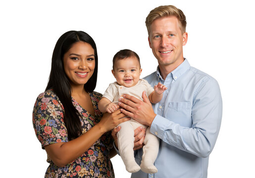 Mixed-race couple holding baby, standing close together, smiling gently, isolated on white background, PNG format