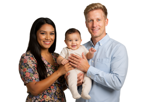 Mixed-race couple holding baby, standing close together, smiling gently, isolated on white background, PNG format