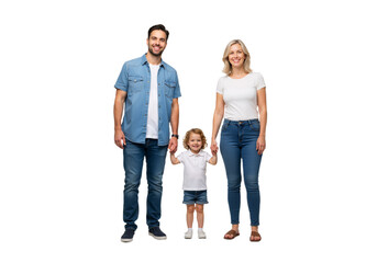 Happy diverse family smiling together, holding hands, casual outfits, realistic, standing on plain white background, PNG format