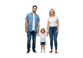 Happy diverse family smiling together, holding hands, casual outfits, realistic, standing on plain white background, PNG format