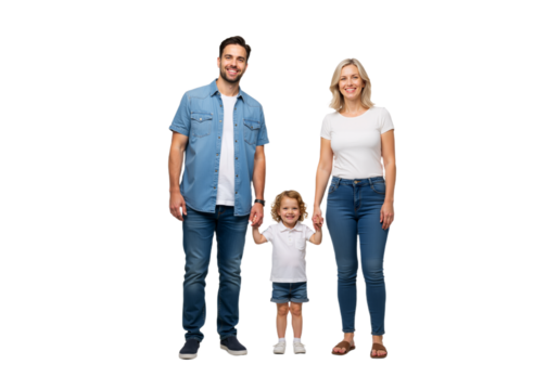 Happy diverse family smiling together, holding hands, casual outfits, realistic, standing on plain white background, PNG format