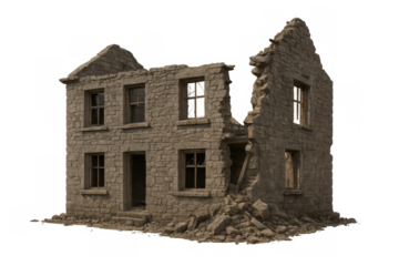 Crumbling stone house with broken windows and missing walls, isolated on a transparent background, represents decay and destruction