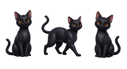 Three stylized black cats with bright orange eyes in various poses.
