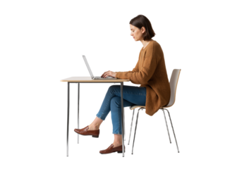 Confident woman working from home on laptop, modern desk, and white background, casual professional style, PNG format