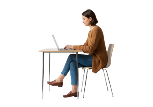 Confident woman working from home on laptop, modern desk, and white background, casual professional style, PNG format