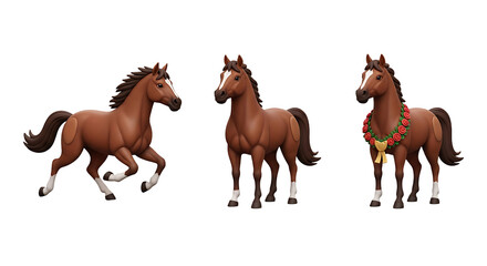 Three stylized brown horses one running one standing one with rose garland.