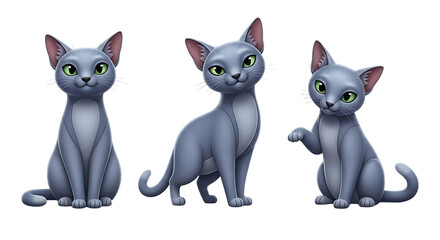 Three stylized cartoon cats with grey fur and bright green eyes.