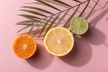 Orange lemon lime slices and palm leaf citrus fruit
