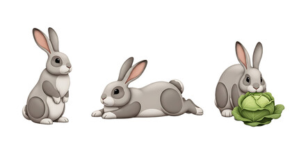 Three stylized gray rabbits one standing one lying down one with cabbage.
