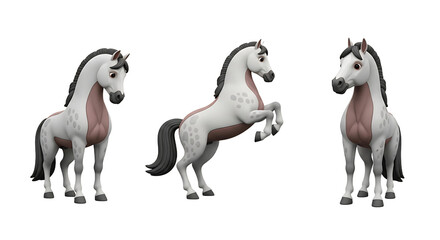 Three Stylized Grey Horses in Various Poses Standing Rearing and Profile View.