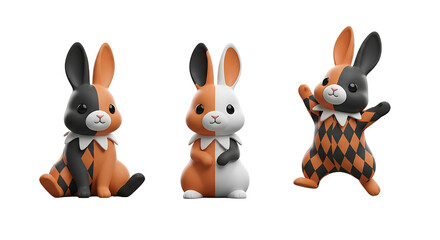 Three stylized harlequin rabbits with unique color blocking and diamond patterns.