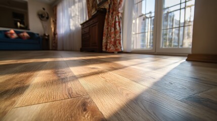 High-quality photo of low angle shot focuses on luxury vinyl plank flooring inside home. Floor wood planks create warm, cozy ambiance in house interior. Laminate parquet design.