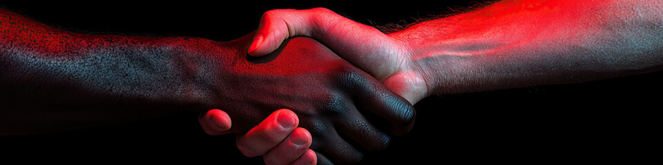 Close-up Photograph of Interracial Handshake with Red Lighting