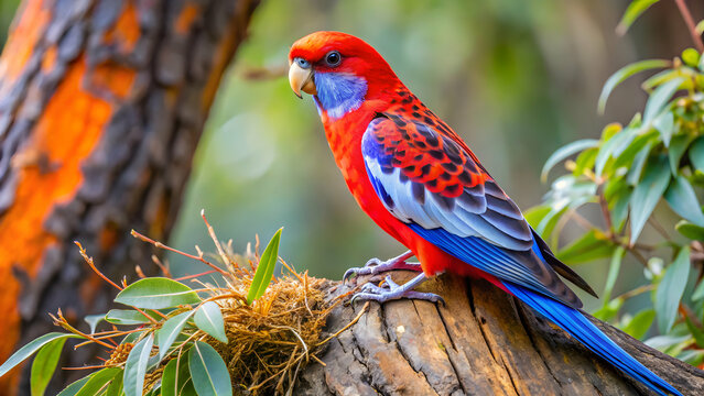 Crimson rosella on eucalyptus bark