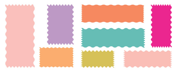 Set of frames with zigzag edge, scallop edge shape. Color rectangle frames with wiggly borders. Rectangle shape frame with zigzag edge. Torn paper, jagged rectangular shape box element set with zigzag