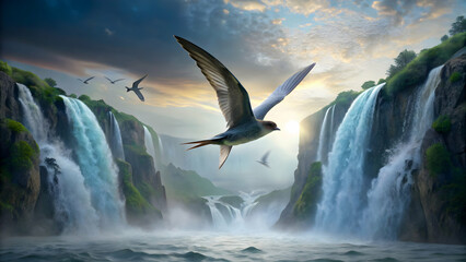 Swift diving past waterfall