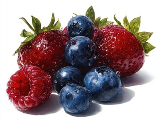Close-up of vibrant, glistening strawberries, blueberries, and a raspberry, artfully arranged on a bright white background, showcasing the dew drops on each berry