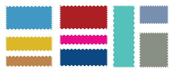 Set of frames with zigzag edge, scallop edge shape. Color rectangle frames with wiggly borders. Rectangle shape frame with zigzag edge. Torn paper, jagged rectangular shape box element set with zigzag