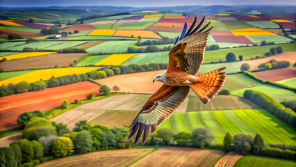 Red kite above patchwork fields