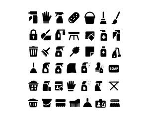 Cleaning Supplies Icons A Comprehensive Set of Black Glyph Icons for Cleaning Services