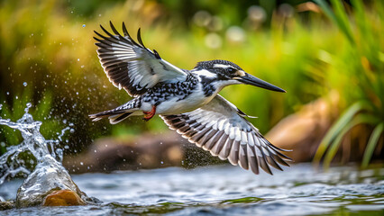 Pied kingfisher hovering above stream