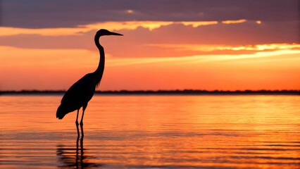 Gray heron silhouetted in sunset light