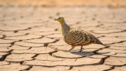 Sandgrouse walking through cracked earth