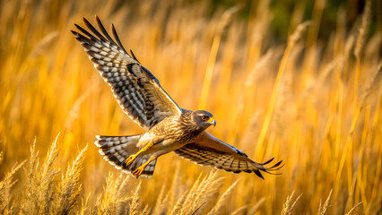 Harrier flying low above golden grass