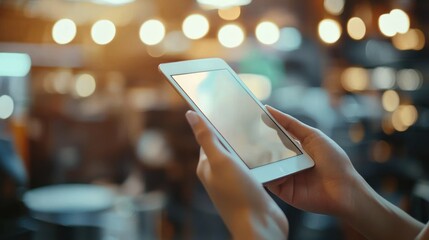 Woman using tablet in cafe