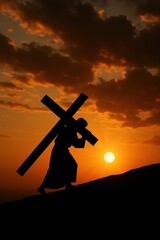 Jesus Carrying the Cross up a Hill at Sunset, Symbolizing Suffering and Resurrection