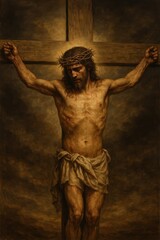 Fototapeta premium Jesus Christ Crucified, Wearing a Crown of Thorns, a Scene of Passion and Resurrection