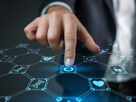 Human finger touching glowing digital network interface
